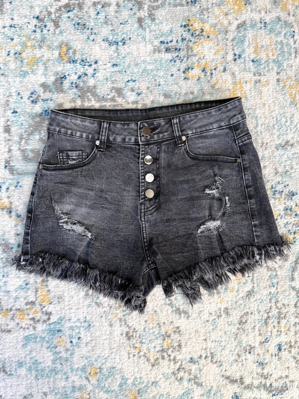 High-Rise Black Distressed Frayed Hem Denim Shorts Button Fly - Size M
